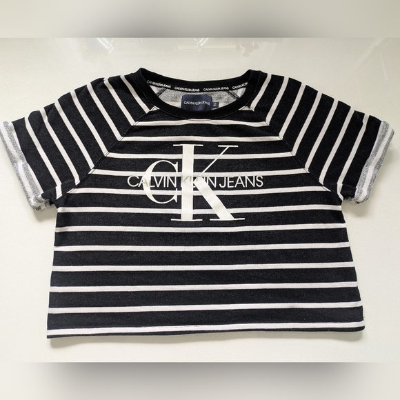 Calvin Klein Jeans Ladies' French Terry Crop Top T-shirt Size XL Black White - Picture 2 of 8